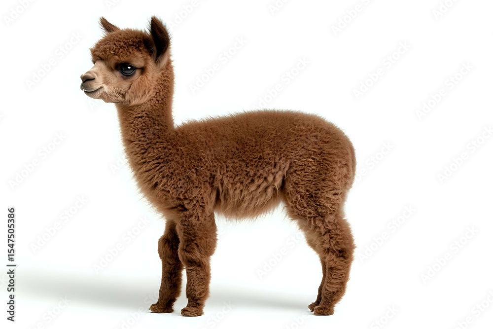 Naklejka premium Brown baby alpaca standing in profile view on white background, showing full body and fluffy wool texture. Isolated studio shot for commercial design use.