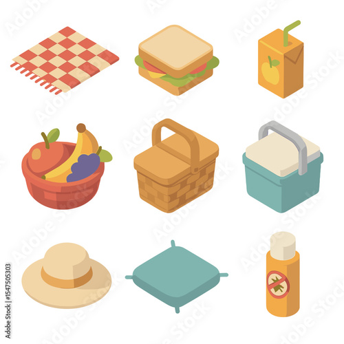 Backyard Picnic Icons. Isometric Flat icon set of siblings on backyard picnic: picnic blanket, sandwich, juice box, fruit basket,