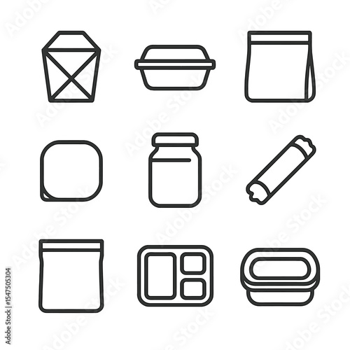 Leftovers Icon Set. Outline icon set of leftovers and to-go boxes: takeout box, food container, sandwich bag, label sticker,
