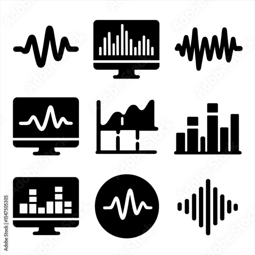Audio-Visual Icon Grid. Solid, filled icons set of audio-visual conversion: sound wave, display icon,