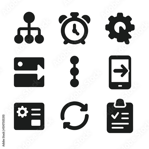 Automation Icon Set. Solid, filled icons set of automation and routines: rule chain, routine clock, trigger