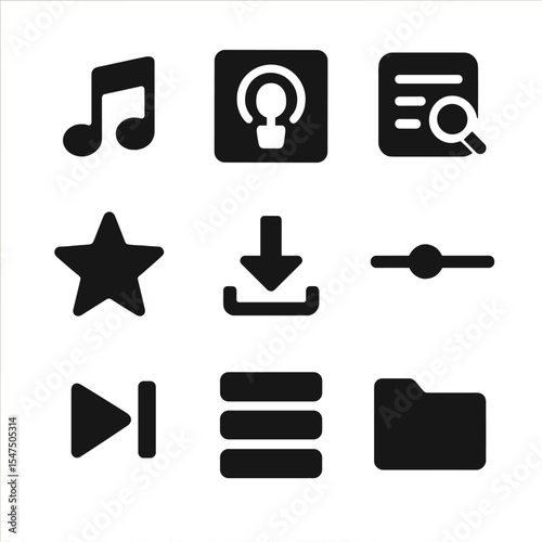 Audio Streaming Icons. Solid, filled icons set of audio streaming apps: music app icon, podcast tile, search