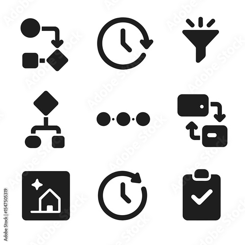 Automation Icon Set. Solid, filled icons set of automation and routines: rule chain, routine clock, trigger