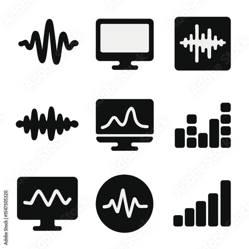 Audio-Visual Icon Grid. Solid, filled icons set of audio-visual conversion: sound wave, display icon,
