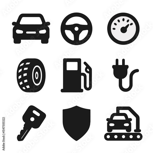 Automotive Icons Grid. Solid, filled icons set of automotive brands: car front, steering wheel, speedometer,