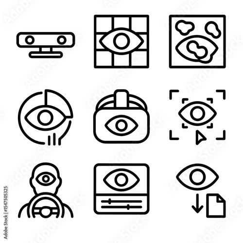 Eye-Tracking Icon Set. Outline icon set of eye-tracking technology: tracker device, calibration grid, heatmap overlay, gaze