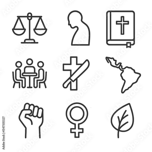 Liberation Theology Icons. Outline icon set of Liberation & Contextual Theologies: scales of justice, oppressed silhouette,
