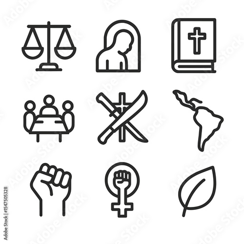 Liberation Theology Icons. Outline icon set of Liberation & Contextual Theologies: scales of justice, oppressed silhouette,