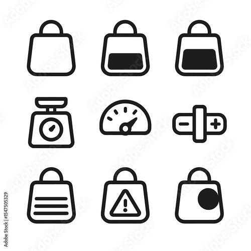 Bag Capacity Icons. Outline icon set of bag capacity indicators: empty outline, half-full fill, full fill, weight scales, volume