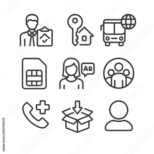 Expat Support Icons. Outline icon set of expatriate support services: relocation consultant, housing key, orientation tour bus,