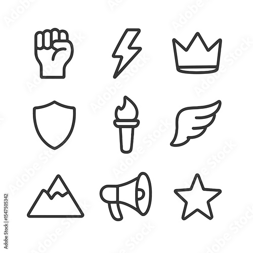 Empowerment Icons Grid. Outline icon set of empowerment affirmations: raised fist, lightning bolt, crown, shield, torch, wing,