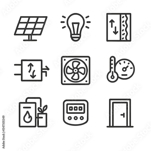 Energy-Efficient Barn Icons. Outline icon set of energy-efficient barn systems: solar panel array, LED lighting, insulated wall,
