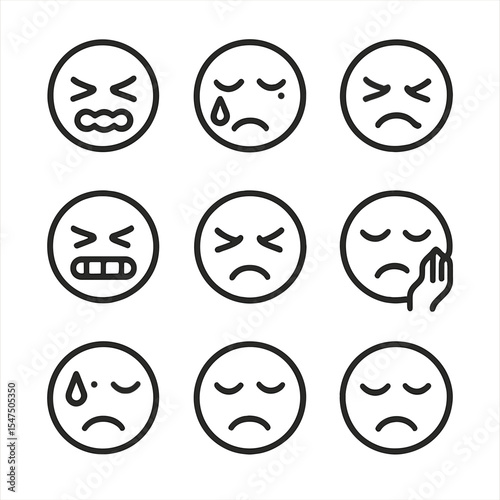 Facial Pain Expressions Icons. Outline icon set of facial pain expressions: grimace, tear drop, furrowed brows, clenched teeth,