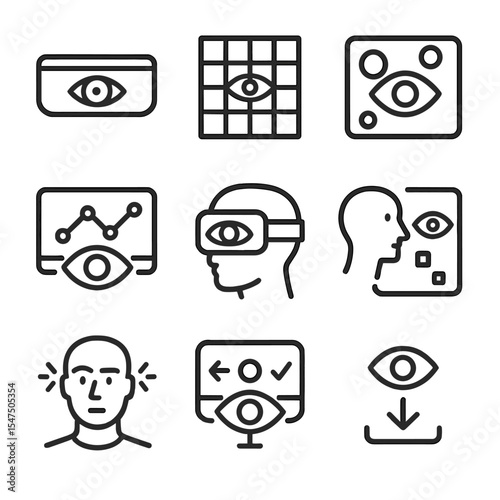 Eye-Tracking Icon Set. Outline icon set of eye-tracking technology: tracker device, calibration grid, heatmap overlay, gaze