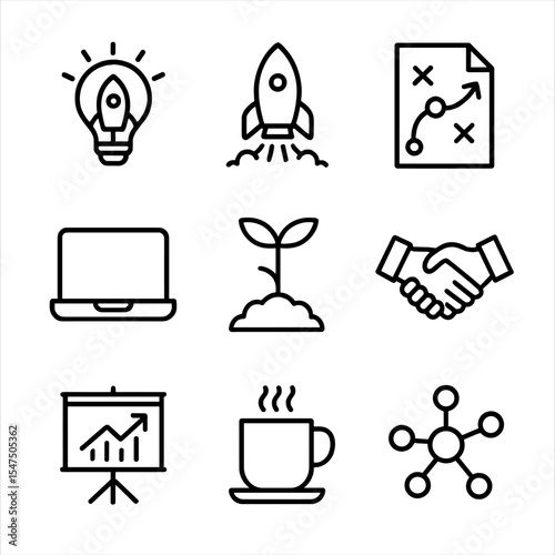 Entrepreneurship Icon Set. Outline icon set of entrepreneurship coaching: lightbulb startup, rocket launch, business plan, laptop,