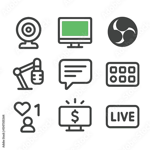Live Streaming Icons. Outline icon set of live streaming with green screen: webcam, streaming computer, OBS logo, mic boom, chat