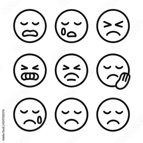 Facial Pain Expressions Icons. Outline icon set of facial pain expressions: grimace, tear drop, furrowed brows, clenched teeth,