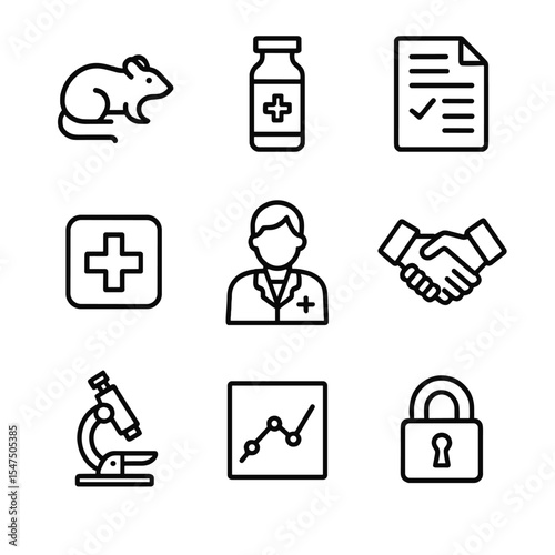 Icons of Ethics & Future. Outline icon set of biomedical research ethics: lab rat, clinical trial vial, informed consent form,
