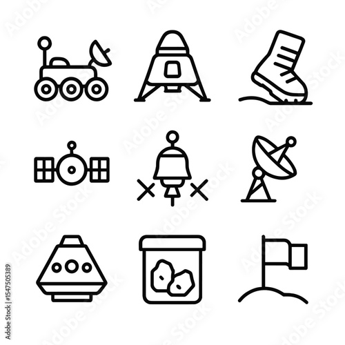 Lunar Exploration Icons. Outline icon set of lunar exploration vehicles: lunar rover, lander, astronaut boot, satellite, space