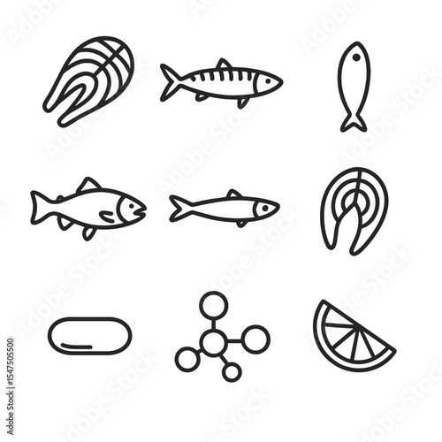 Fatty Fish Icons. Outline icon set of fatty fish and omega-3: salmon fillet, mackerel fish, sardine, trout, anchovy, tuna steak,