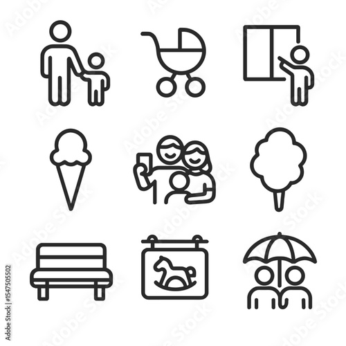 Family Shopping Icons. Outline icon set of family shopping day: parent holding child’s hand, stroller, ice cream treat, window