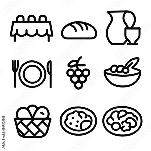 Fellowship Meal Icons. Outline icon set of fellowship meal events: banquet table, loaf of bread, pitcher, cup, plate, grapes,