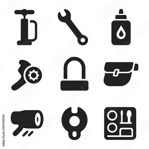 Bicycle Maintenance Icons. Solid, filled icons set of bike maintenance and gear: tire pump, wrench, chain oil,