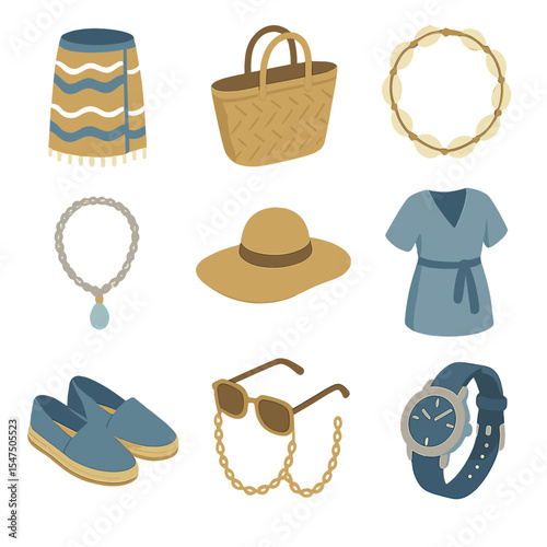 Beach Fashion Icons. Isometric Flat icon set of beach fashion accessories: patterned sarong, straw tote, shell necklace, anklet