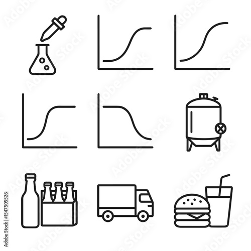 Fermentation Process Icons. Outline icon set of fermentation process phases: inoculation, lag phase, exponential phase, stationary
