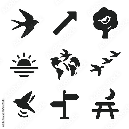Bird Migration Icons. Solid, filled icons set of bird migration patterns: swallow in flight, migration arrow,
