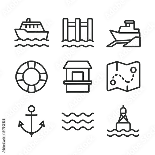 Ferry Transit Icons. Outline icon set of ferry and water transit: ferry boat, dock, boarding ramp, life ring, ticket office, route
