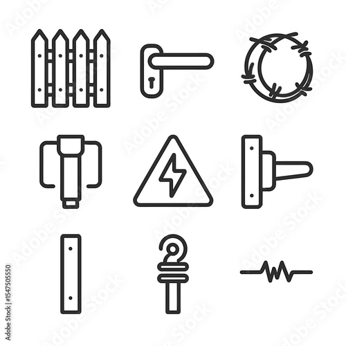 Fencing Icon Set. Outline icon set of fencing and enclosure: fence panel, gate latch, barbed wire coil, post driver, warning sign,