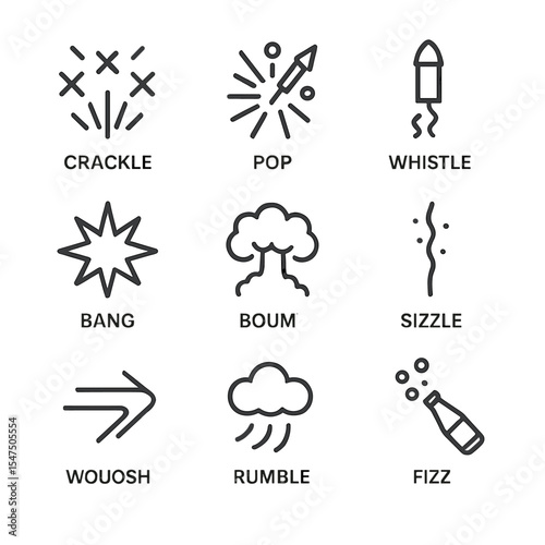 Firework and Mail Icons. Outline icon set of fireworks sound effects: crackle pop, whistle, bang, boom, sizzle, whoosh, rumble,