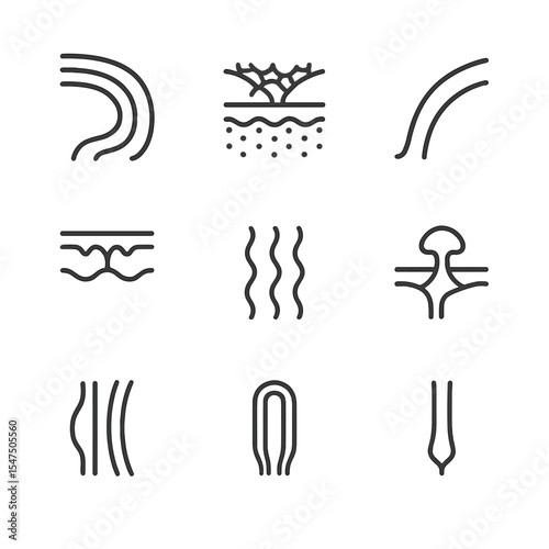 Meninges Icon Set. Outline icon set of meninges and coverings: dura mater, arachnoid mater, pia mater, subarachnoid space,
