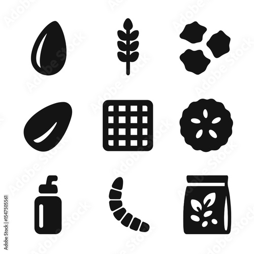 Bird Food Icon Grid. Solid, filled icons set of bird food types: sunflower seed, millet, cracked corn, peanut