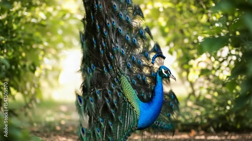 Majestic peacock displaying vibrant plumage in lush garden