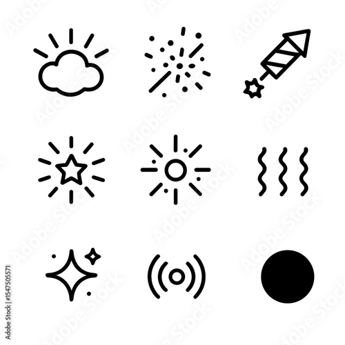 Fireworks Icon Set. Outline icon set of fireworks sound and light effects: boom cloud, crackle cluster, whistle trail, snap
