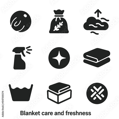 Blanket Care Icons. Solid, filled icons set of blanket care and freshness: cedar ball, lavender sachet, fresh