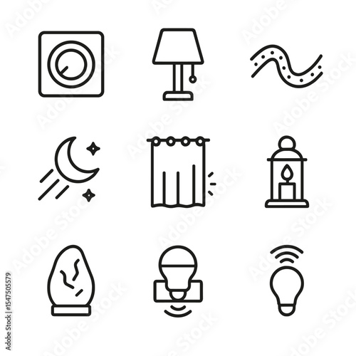 Bedroom Lighting Icons. Outline icon set of bedroom lighting: dimmer switch, bedside lamp, LED strip, moonlight beam, blackout