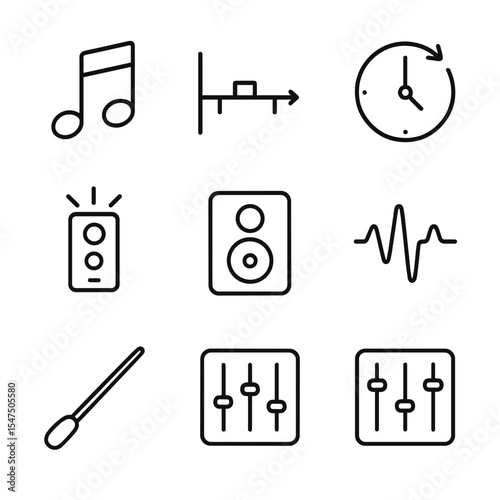 Fireworks Choreography Icons. Outline icon set of fireworks choreography: music note, timeline chart, synchronization clock,