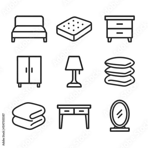 Bedroom Furniture Icons. Outline icon set of bedroom furniture: bed frame, mattress, nightstand, wardrobe, bedside lamp, pillow