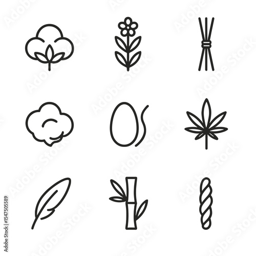 Fiber Icon Collection. Outline icon set of raw material fibers: cotton boll, flax stalk, jute bundle, wool fleece, silk cocoon,