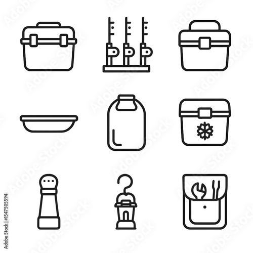 Fishing Gear Icons. Outline icon set of frozen lake fishing gear storage: tackle chest, rod rack, bait cooler, sled basket, dry