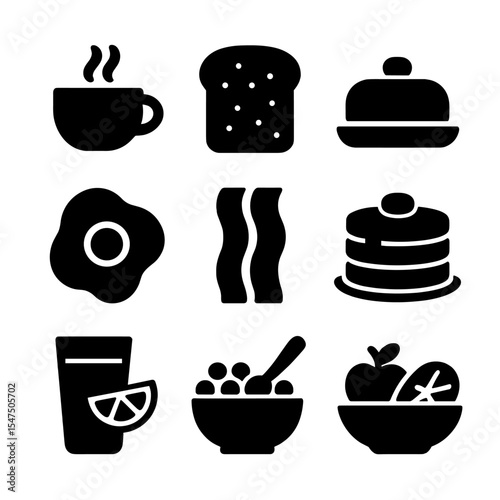 Breakfast Icon Grid. Solid, filled icons set of breakfast combinations: coffee cup, toast slice, butter dish,