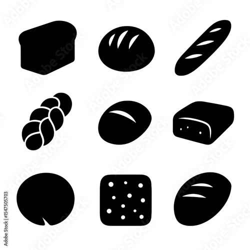 Bread Icon Collection. Solid, filled icons set of bread types and shapes: sandwich loaf, round boule, baguette