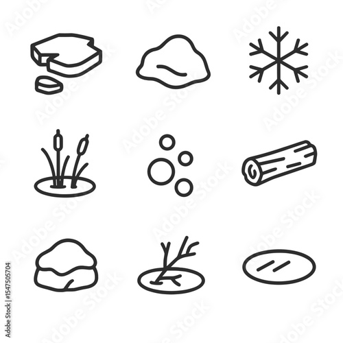 Frozen Lake Icon Set. Outline icon set of frozen lake environmental features: ice floe, snowdrift, frost pattern, frozen reed, air