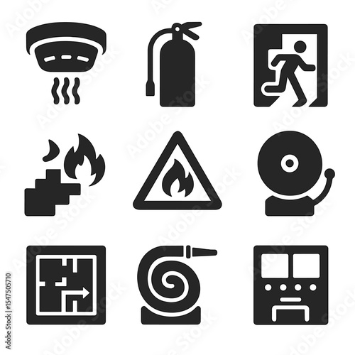 Building Safety Icons. Solid, filled icons set of building safety systems: smoke detector, fire extinguisher,