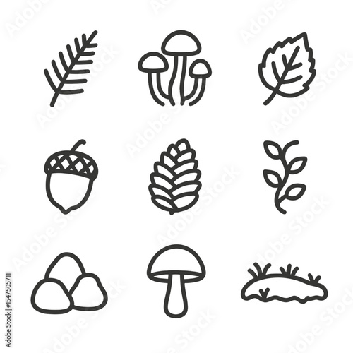 Forest Floor Icons. Outline icon set of forest floor in mist: fern leaf, mushroom cluster, fallen leaf, acorn, pine cone, creeping