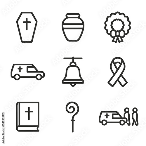 Funeral Icon Set. Outline icon set of funeral ceremonies: coffin, urn, wreath, hearse, funeral bell, mourning ribbon, prayer book,