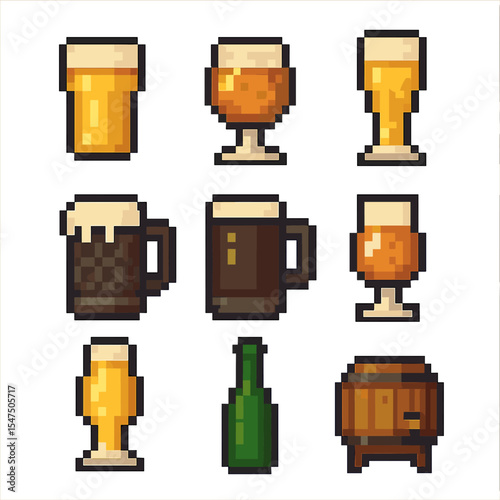 Beer Styles Icons. Pixel art icon set of beer styles: lager pint, ale glass, pilsner flute, stout stein, porter mug, IPA tulip,